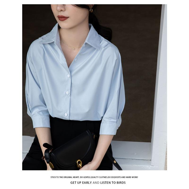 

Легкая белая рубашка с половиной рукавов для взрослых, женская летняя свободная рубашка для пожилых людей с дизайном Sense Niche, повседневная рубашка с морщинами, шелковый шарф XL синий