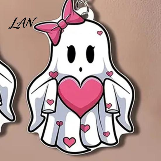 Easy to Wear Earrings Pink Heart Ghost Earrings, Cute with Bow Drop Halloween Jewelry Lightweight Acrylic for Girls Women Non-oxidizing