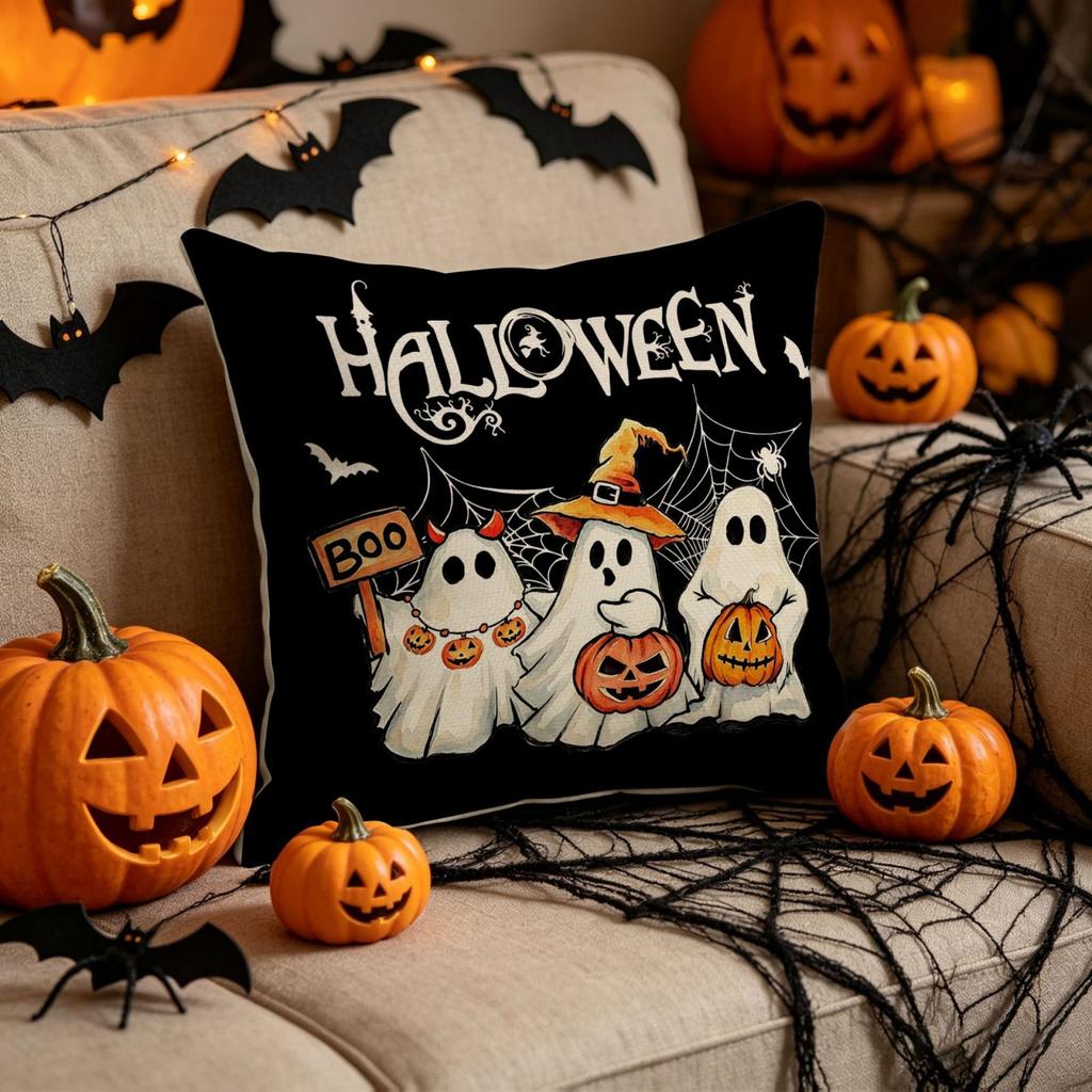 Linen Halloween Decorative Pillow Cover Boo Yall Print Durable Square Cushion Case for Sofa Indoor Home Decoration