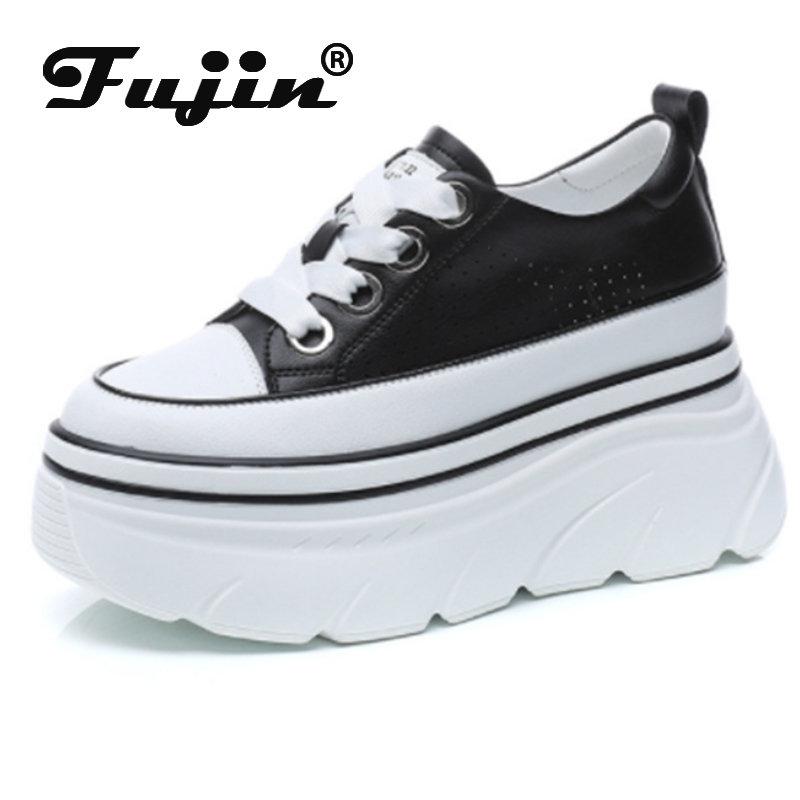 

Fujin/кеды из натуральной кожи на полой дышащей платформе, ботильоны на массивном каблуке 8 см, женская летняя повседневная вулканизированная обувь на скрытом каблуке