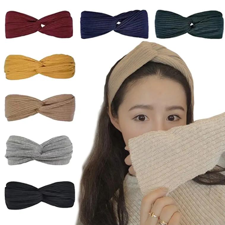 Fashion Women's Pure Color Elastic Knitting Cross Headband for Hair Yoga Sports Face Wash Headband