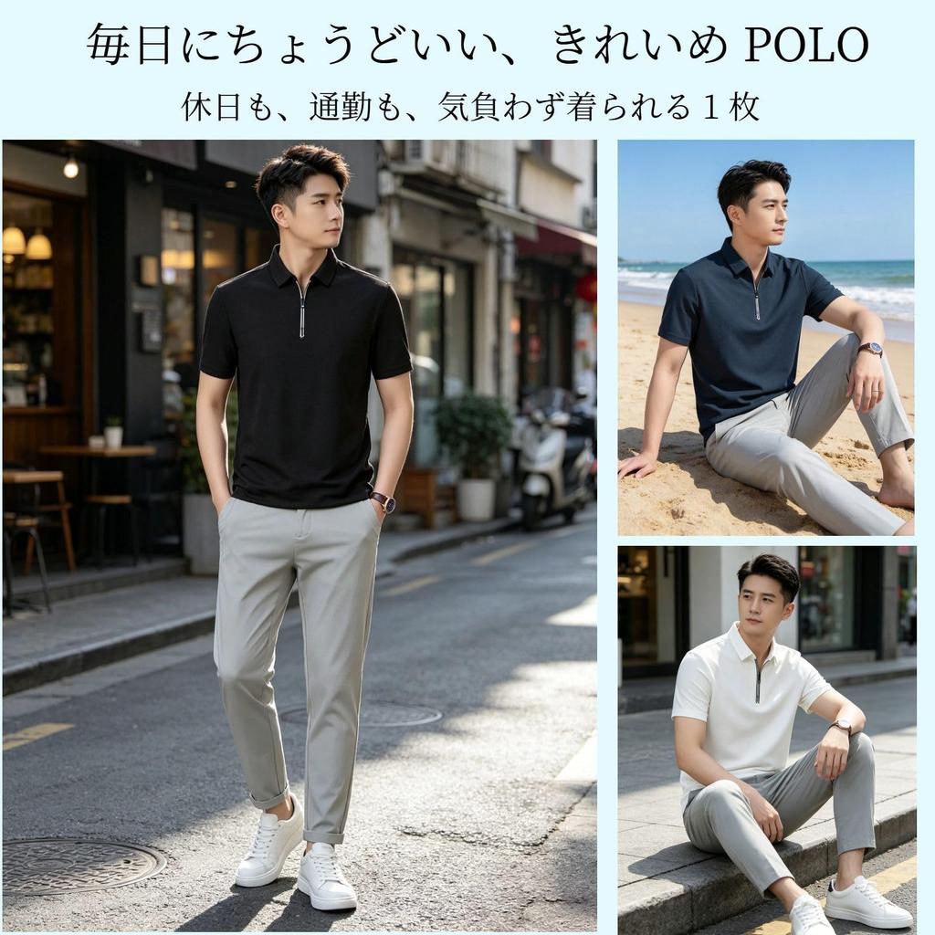 [BUTMYJ] Men's Summer Half-Zip Polo Shirt, Cooling Touch, Business Casual, Plain, Golf Wear, Sweat-Wicking, Quick-Drying, Breathable, Short-Sleeve T-S