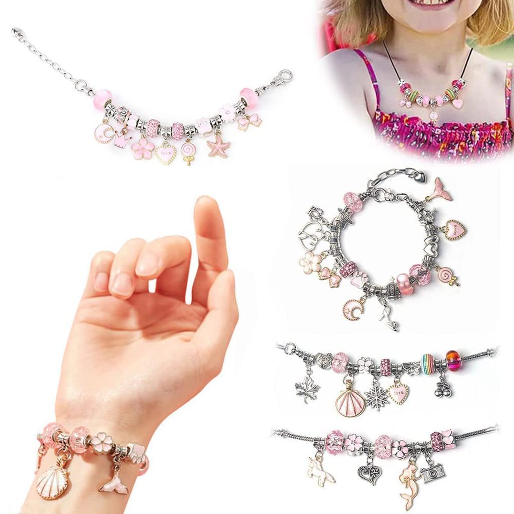 Sitengle Accessory Set for Bracelet Stylish Christmas Gift Kit, 66-Piece Making, Charms, Beading, Birthday, (Pink)