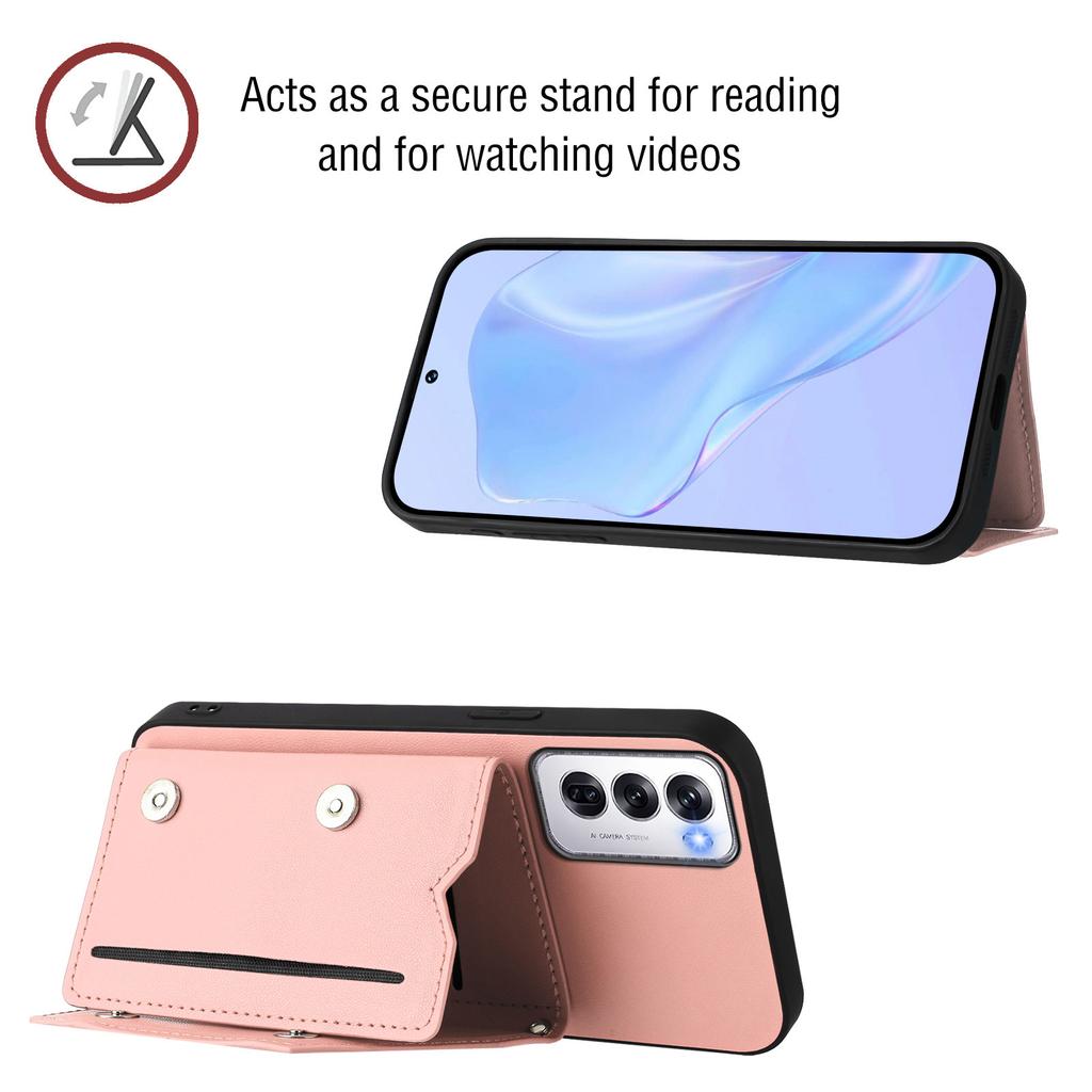 For Oppo Reno12 5G (Global) Case Card Holder Kickstand Skin-Touch Phone Cover with Wrist Strap