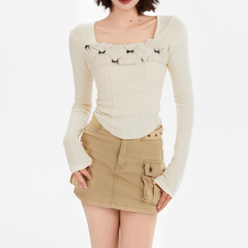 Y2K Vintage Slim T Shirts Women Autumn Winter Bottoming Crop Tops Patchwork Long Sleeve Tees Korean Fashion Pullover