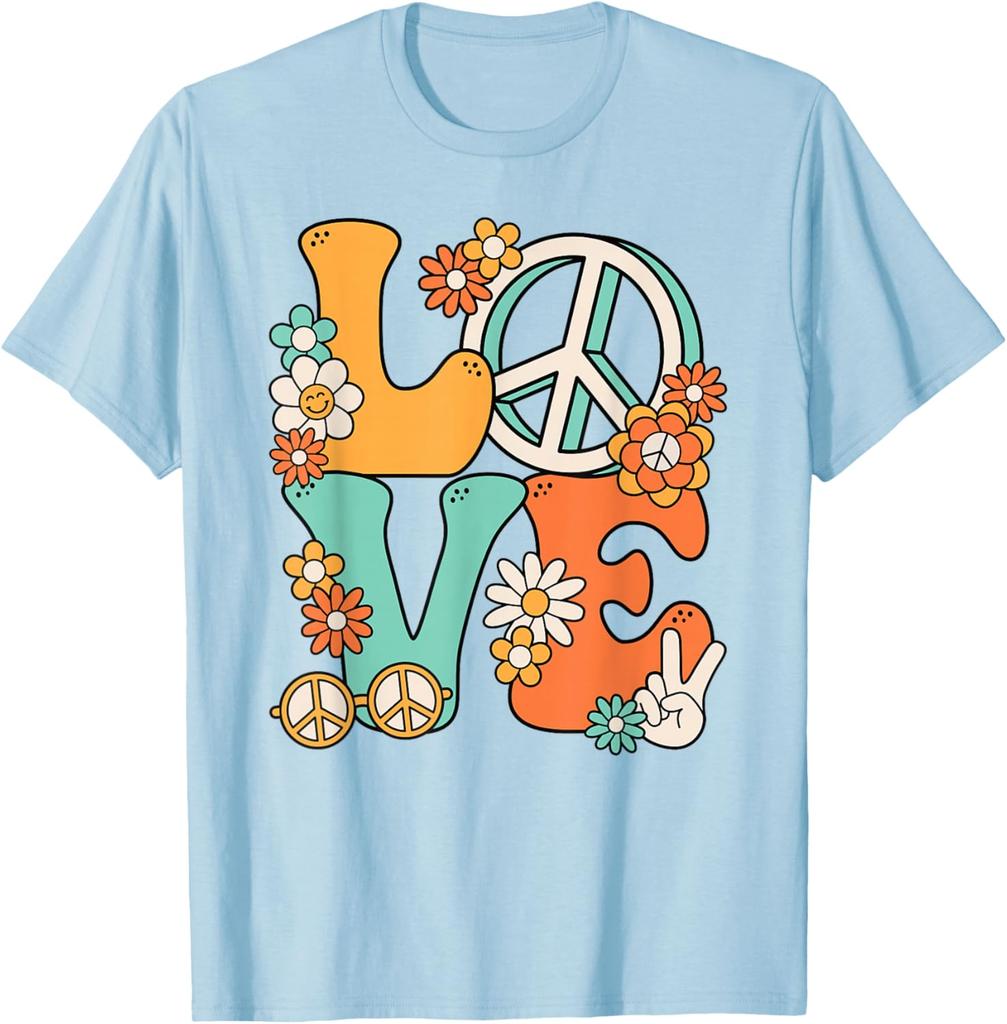 Hippie Love Peace Groovy Flowers Retro 70s Style Graphic Print Cotton T-Shirt Unisex Trip Casual