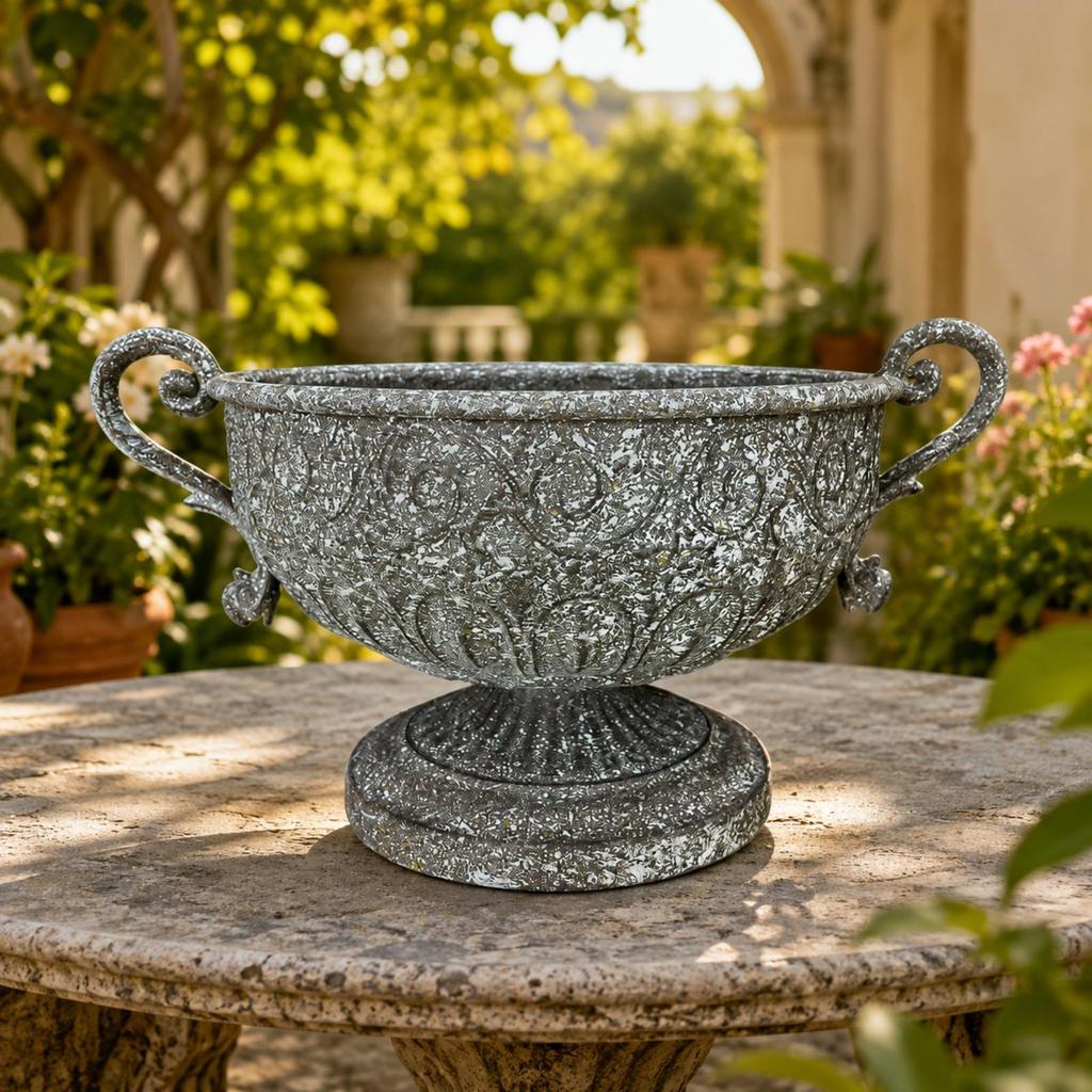 Eisen-Sockel-Blumenkübel mit Griffen, distressed, für den Garten