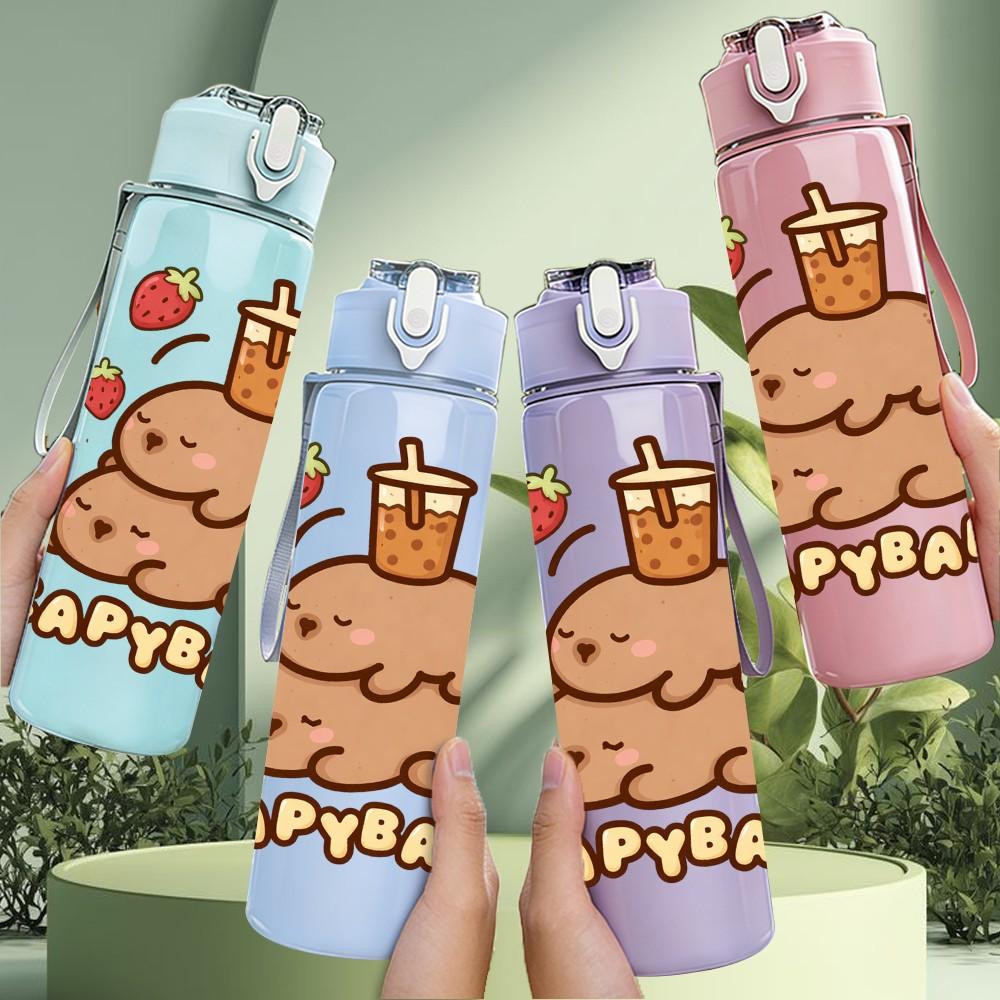 1PC Capybara Relax Fruit Cute Cartoon 750ml Color Plastic Sports Water Bottle Leakproof Flip Straw Lid Suitable for Sports Office Home Use