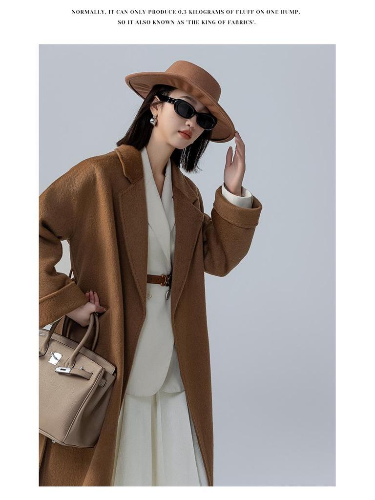 Petite Women's Mid-Length Camel Wool Coat - Loose Double-Faced Cashmere with Tie-Waist for Autumn and Winter.