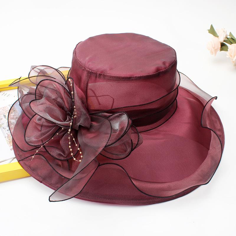 Hat Female Summer Vintage British Style Organza Flower Vacation Big Eaves Beach Sunscreen Flat Top Sun Hat