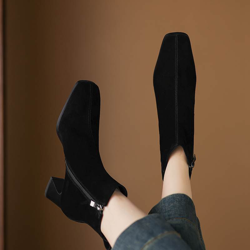 Krazing Pot Cow Suede Nubuck Winter Square Toe Modern Boots Thick High Heels Zipper Women Ankle Boots