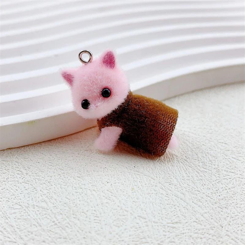 Dress Cat Pendant Cute 3D Hairy Flocking Animal Cat Charms Miniature Dolls Keychain Necklace Pendant DIY Crafts Jewelry Make