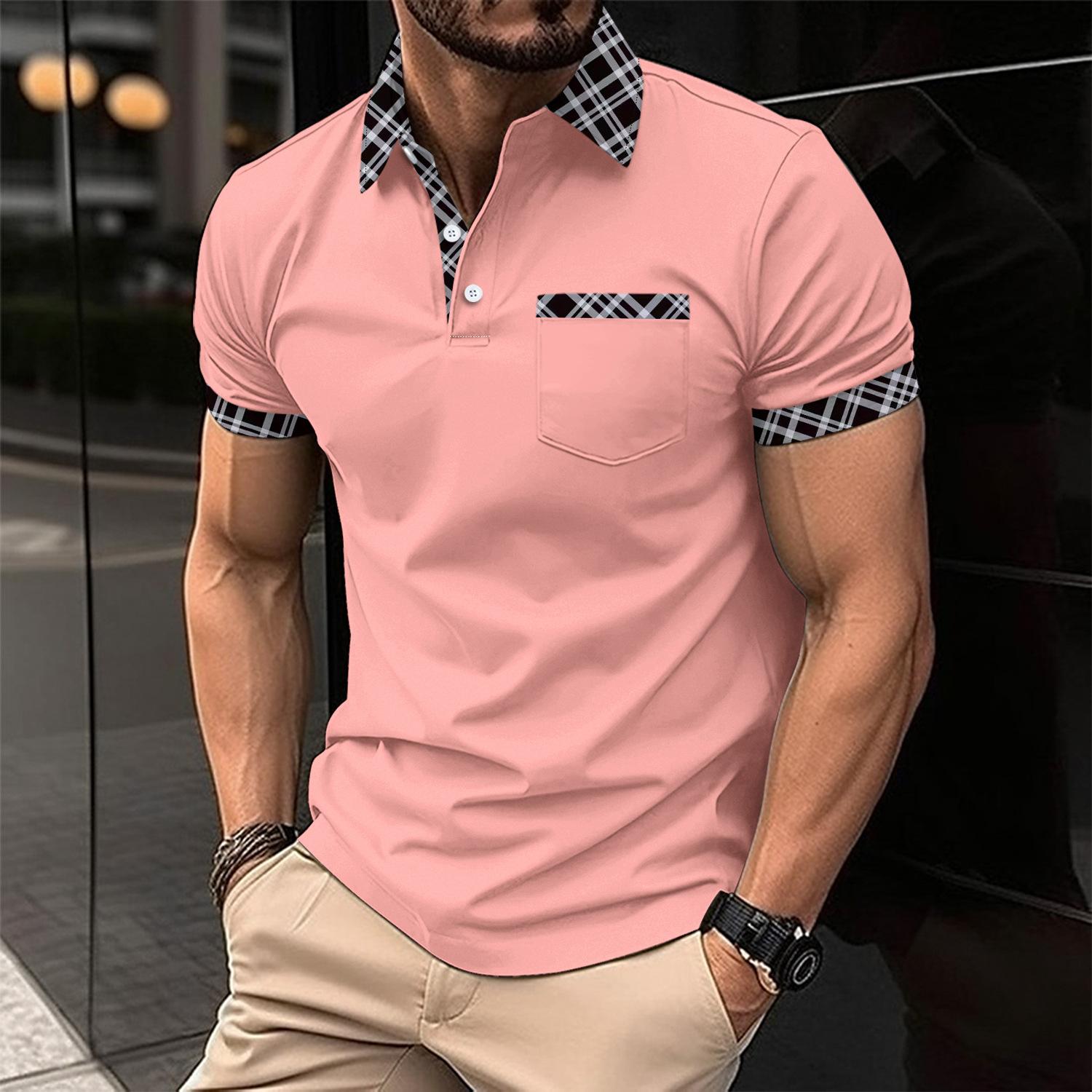 New Men s Casual POLO Shirt Chest Pocket Lapel Short-sleeved Colour Blocking T-shirt Tops S розовый