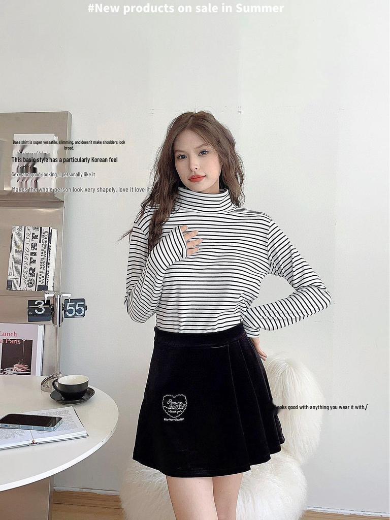 Women's Striped Velvet Mid-Neck Pullover - Autumn/Winter Warm Slim-Fit Long Sleeve Shirt