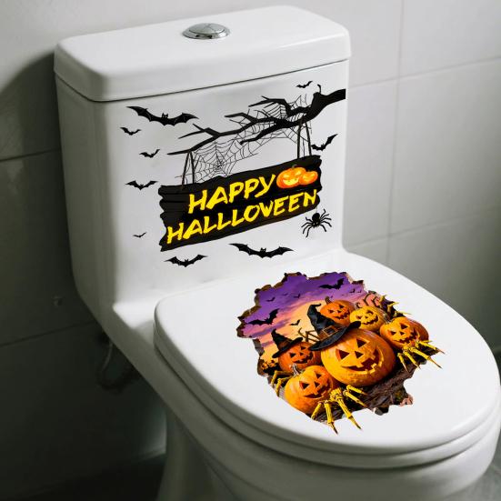 2Pcs Toilet Stickers, Halloween 3D Pumpkin & Bat Sticker, Waterproof Bathroom Decor, Removable Toilet Seat Cover Art, Residue-Free Wall Tile