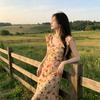 Vacation Style Small Flying Sleeves Square Neck Floral Dress Women's Summer French Retro Waist Thin Tea Break Skirt Long Skirt