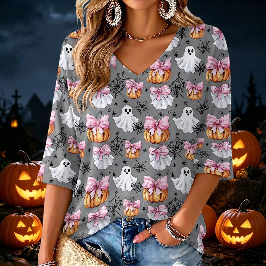 Women's V-Neck Halloween Print Lightweight Blouse for Spring and Summer