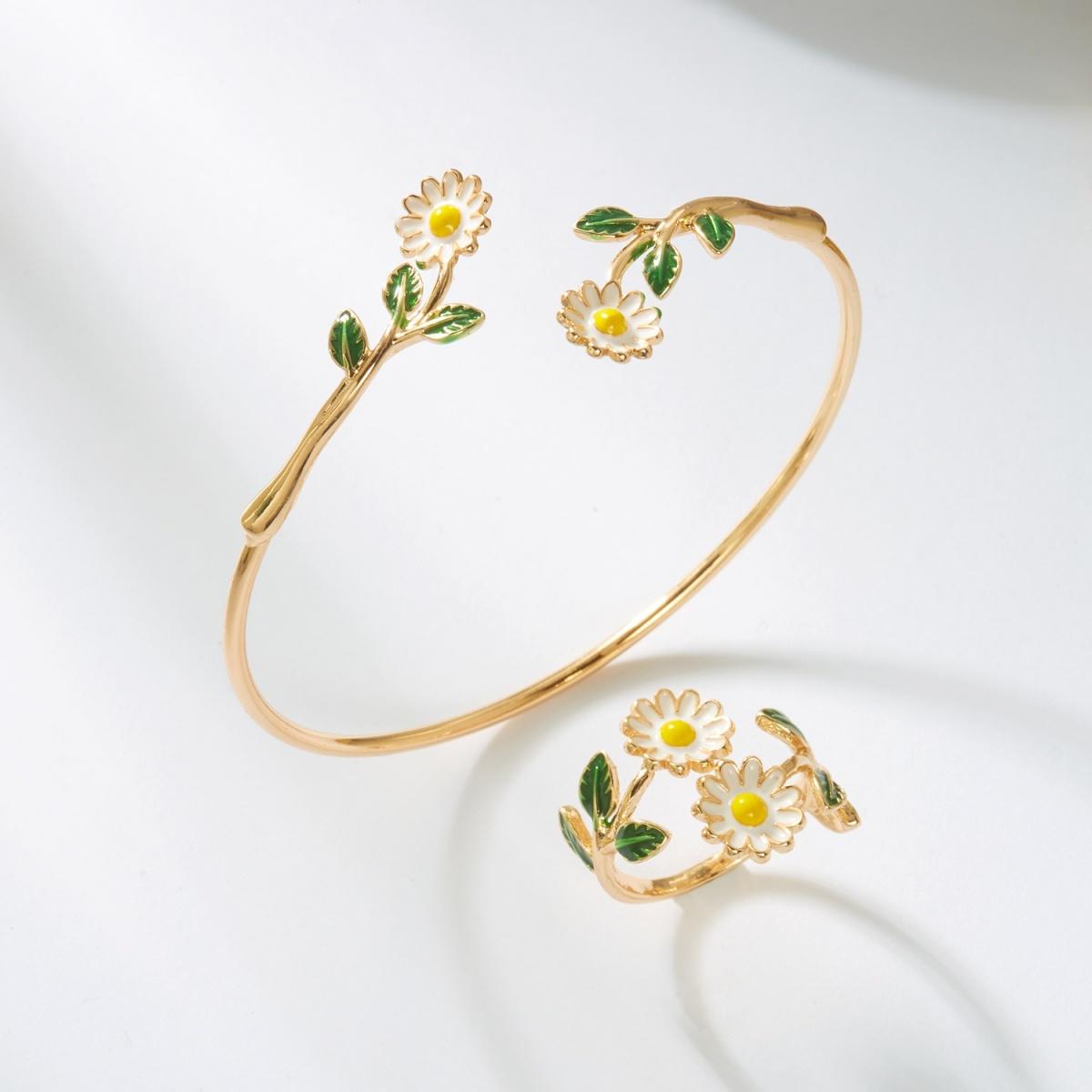 

Enamel Sunflower Opening Bangle Ring Set For Women Men Fashion Sweet Green Leaves Daisy Flower Summer Wedding Party Zircon Set