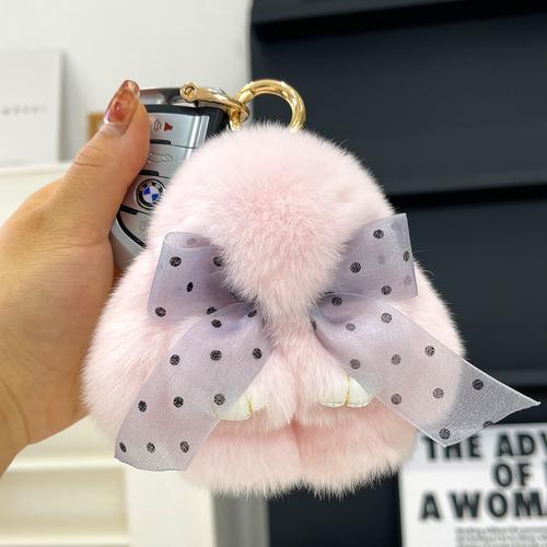 Real Rex Rabbit Hair Bowknot Little Rabbit Car Key Chain Pendant Cute Plush Drop Ear Rabbit Doll Bag Pendant