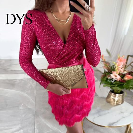 Rochie de seară cu mânecă lungă Femei Paiete Strălucitoare Rochie de petrecere Decolteu adânc Corset Mini Accesorizată Toamnă Iarnă Cocktail Gală pentru Bal Club Strâmtă