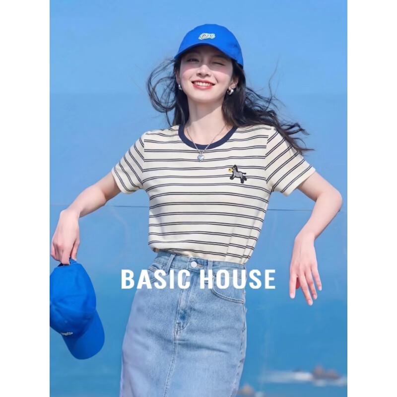Basic House Women s Color-Block Stripe Pony Embroidery Short Sleeve T-Shirt One Size
