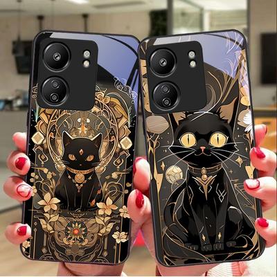 Black Gold Cat For Xiaomi Redmi 13C Note13 12 Pro Plus 5G Note 9 13T Pro POCO X6 F5 F6 Black Tempered Glass Phone Case