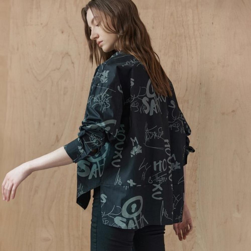 Maxza Lettering Print Volume Sleeve Shirt Blouse Zc09qb008on white/FREE