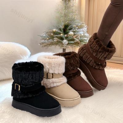 Winter Women Boots Retro Fur Comfortable Warm Long Plush Snow Boots Buckle Thick Sole Round Toe Cotton Shoes 2026 Botas Mujer