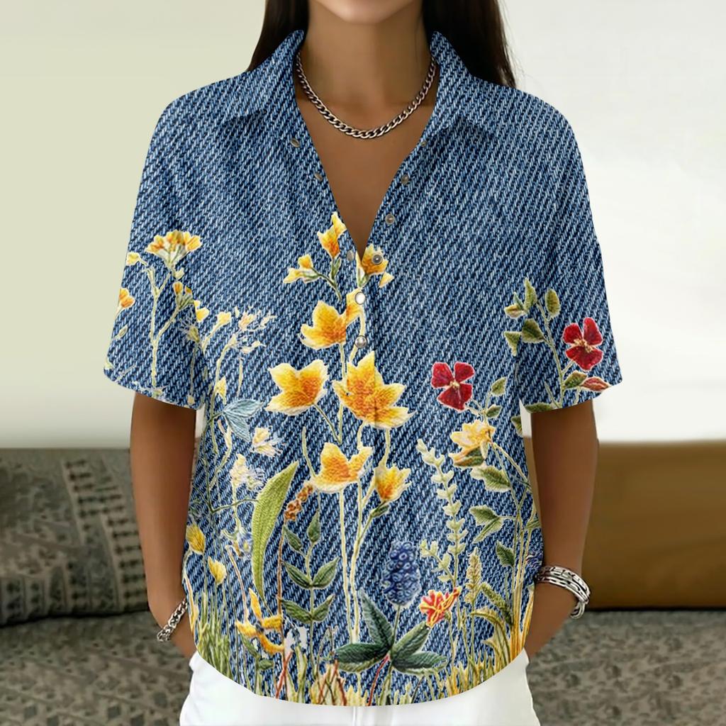Women Vintage Floral Print Short Sleeve Shirt Loose Fit Button Down Collar Top Casual Linen Cotton Blend Blouse