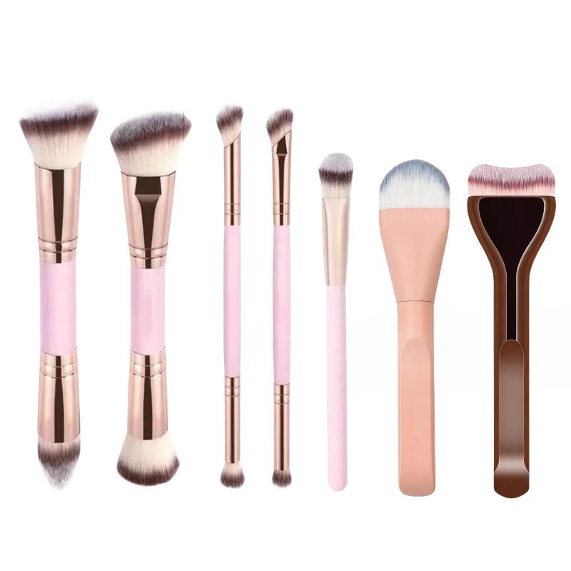 Dual-Head Makeup Brush Set: Foundation, Blush, Loose Powder Brushes In Coffee Color.