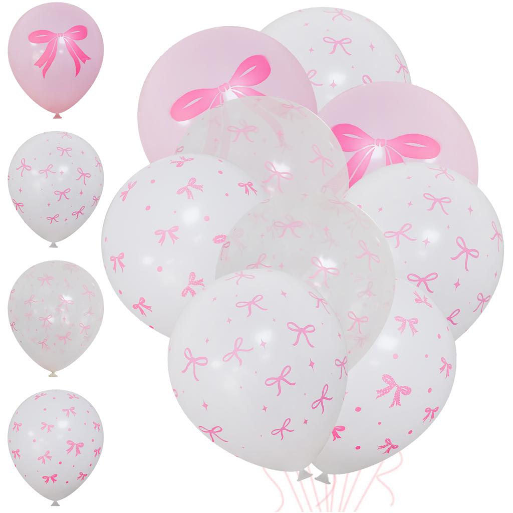 50/10pcs Bow Theme Latex Balloon 12 Inches Bowknot Print White Balloons for Kids Girls Birthday Baby Shower Wedding Party Decor