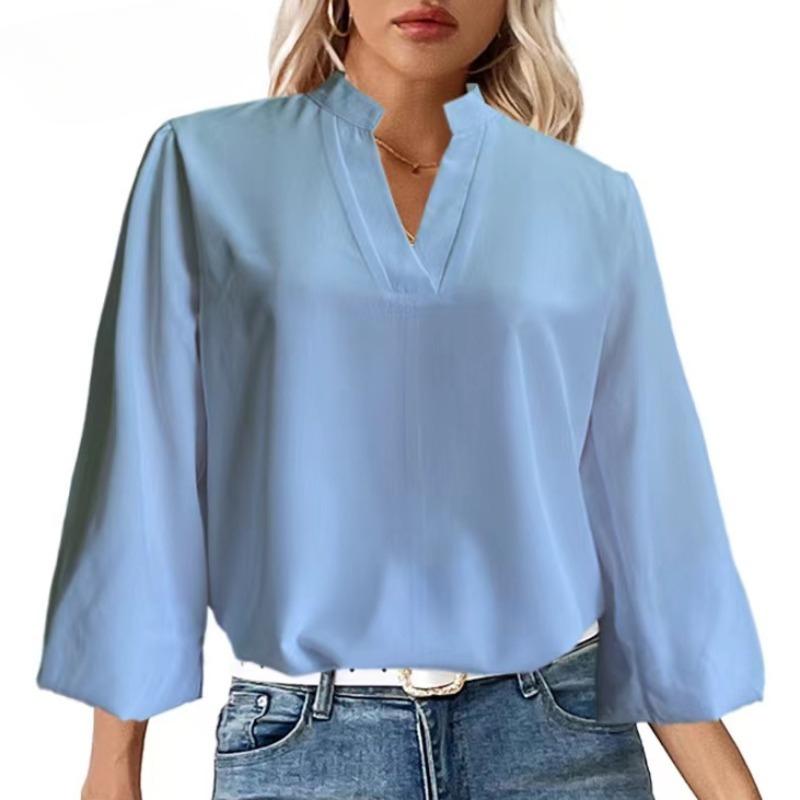 

GMXIA Рубашка с длинным рукавом и V-образным вырезом, женская однотонная повседневная рубашка-пуловер XXL синий