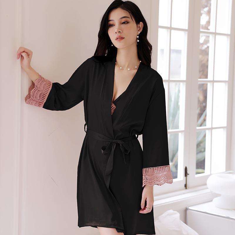 

Sexy pajamas women s ice silk pajamas women s spring and autumn new lace suspenders two-piece set summer thin sexy XL чорний