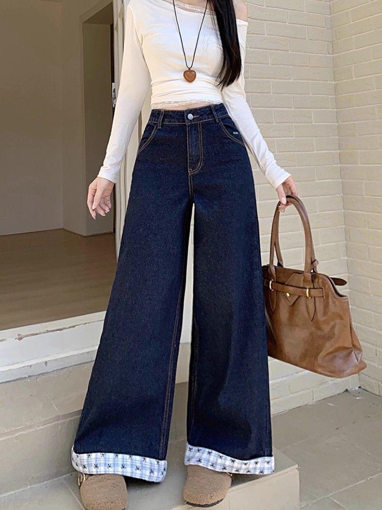 2025 Plus Size Retro Patchwork Plaid Wide-Leg Jeans for Women - Spring/Autumn Loose Fit