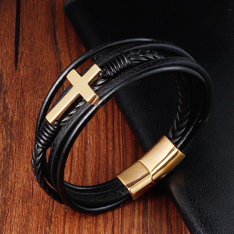 

Luxury Multicolor Cross Design Classic Stainless Steel Men s Leather Bracelet Choose Handsome Men s Gifts 19cm