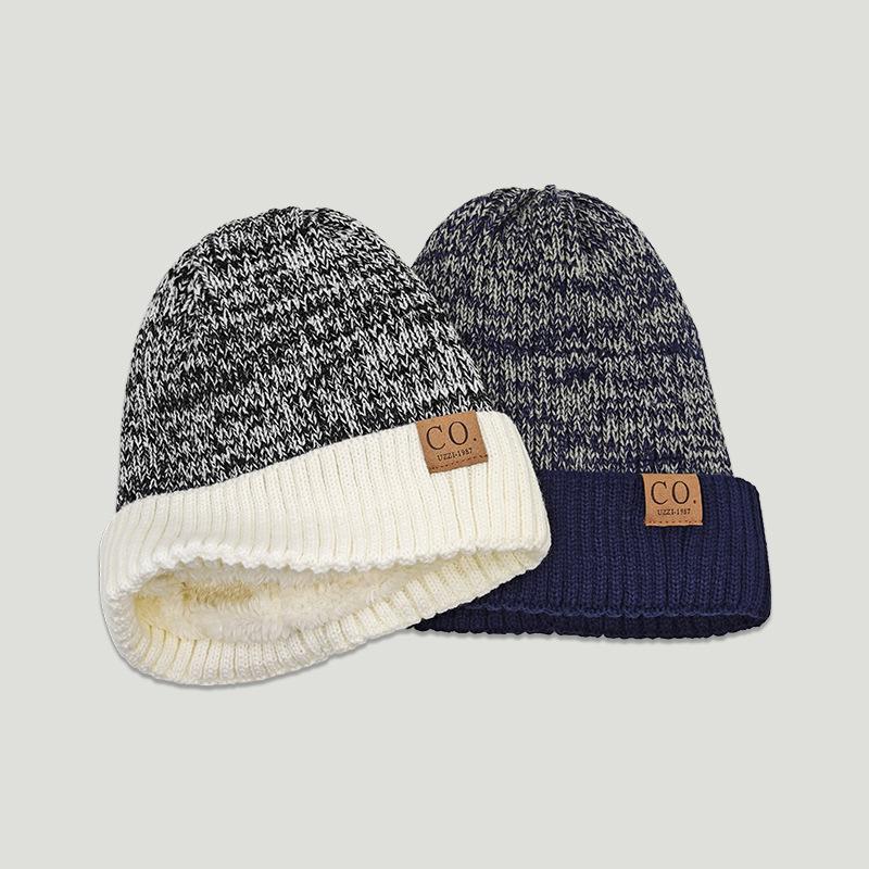 Unisex Two-Tone Winter Hats Add Fur Lined Men And Women Warm Beanie Cap Casual Winter Knitted Hats
