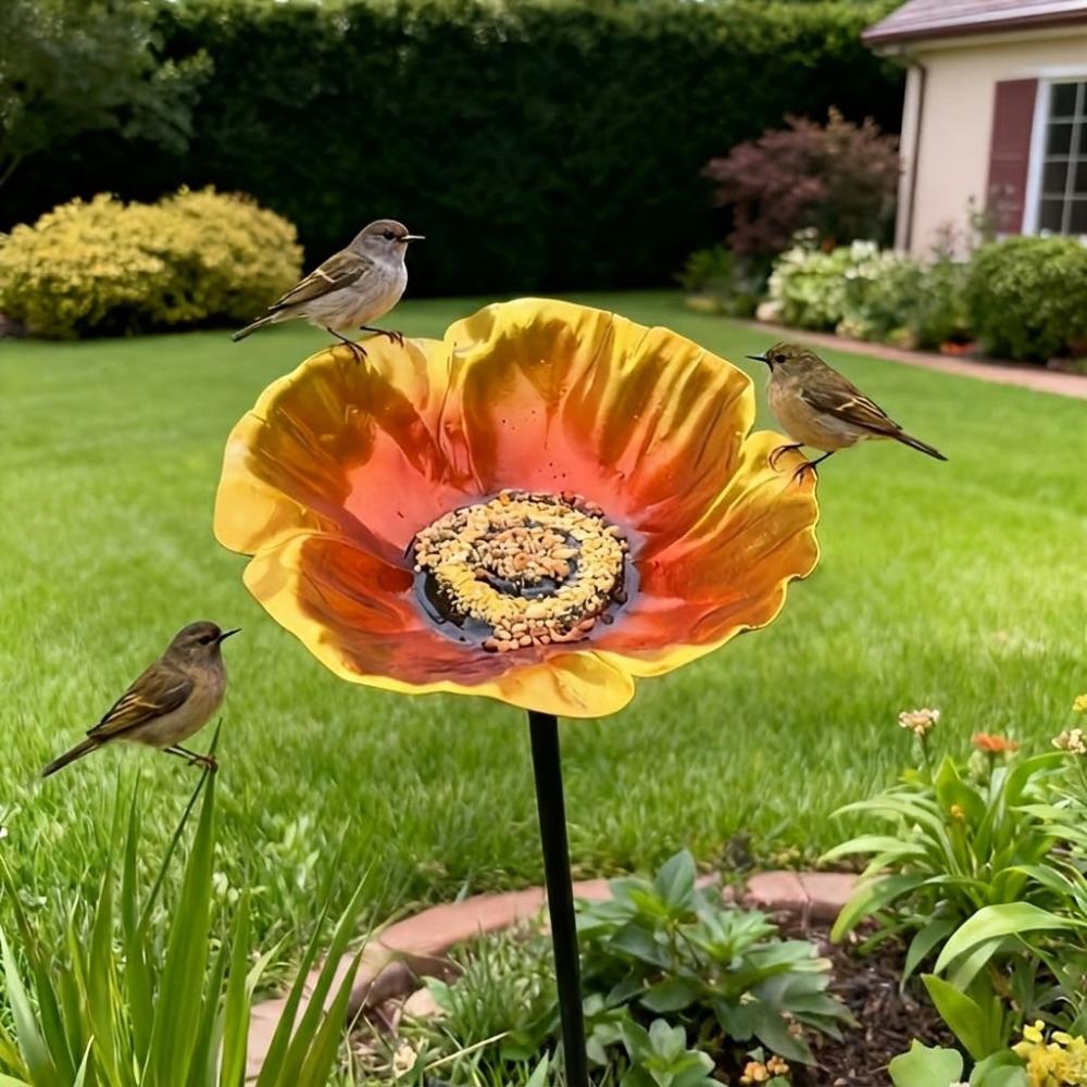Handmade Metal Bird Bath Stake Weather Resistant Flower Shape Garden Bird Feeder Iron Art Vintage Style Bird Drinking Station