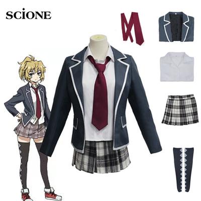 Conjunto de 5 piezas de disfraz de Cosplay de Mayuko Nise de gran altura, pelucas rubias, uniforme escolar Tenkuu Shinpan JK, falda, traje de carnaval para mujer