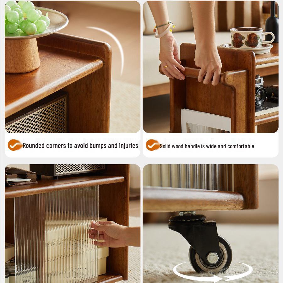 Solid Wood Retro Trolley: Movable Side Table & Snack Cart