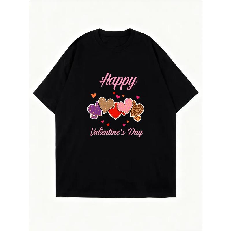 Damen Weißes T-Shirt Happy Valentine's Day Herzmuster Und Text Für Valentinstag