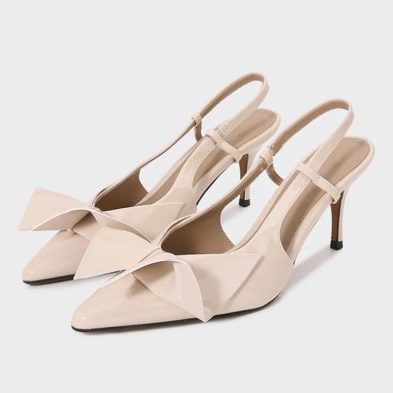 Fashion Sexy Pointed Toe Slingbacks Mules Heeled Sandals Women  Designer Beige Patent Leather Pumps Fashion Bow Party Shoes Office Heels