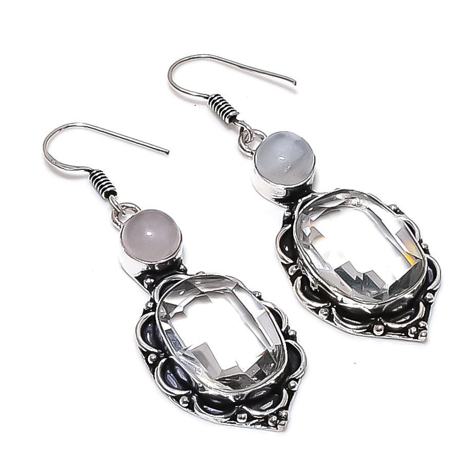 Natural White Topaz, Moonstone 925 Sterling Silver Jewelry Earring 2.29" l3M11