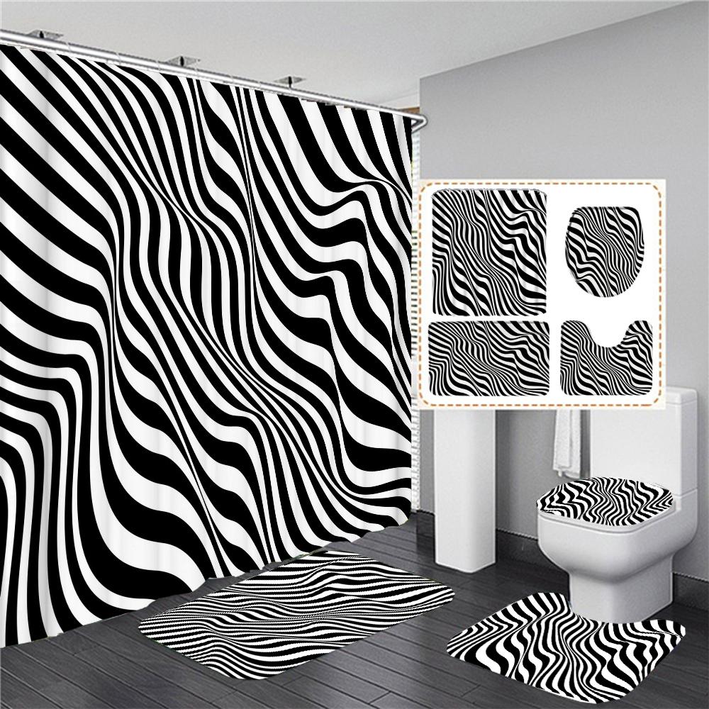 Black White Geometric Stereoscopic Fabric Shower Curtain Bathroom Curtains Set Anti-Skid Rugs Toilet Lid Cover Bath Mat Carpet