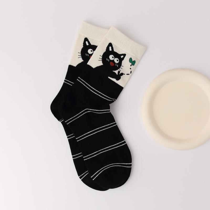 1 Paar lässige bequeme süße Katzen-Cartoon-Socken Damenmode vielseitige Mittelschaftsocken elegante einfache Damensocken