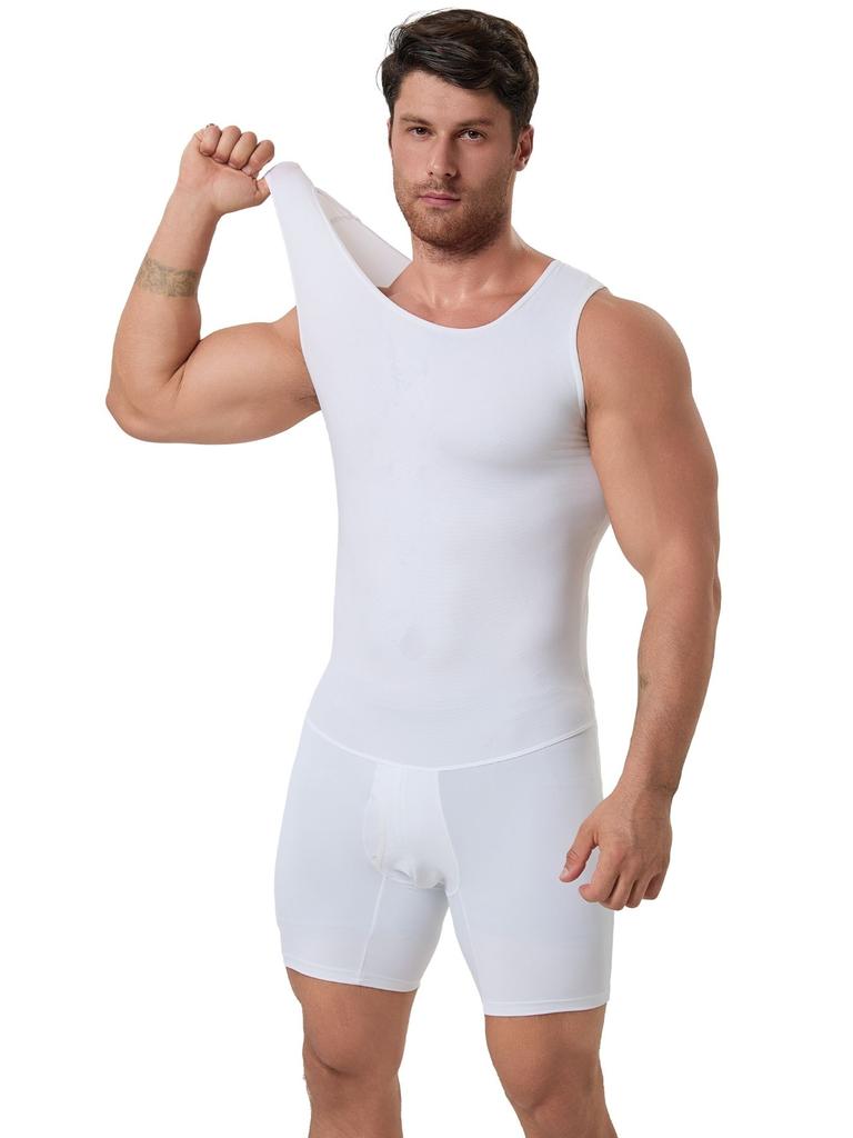 Salopetă de corp completă pentru bărbați, cu deschidere în talie, modelatoare, compresivă, din țesătură tricotată respirabilă Spandex/Nailon și Mărimi Mari