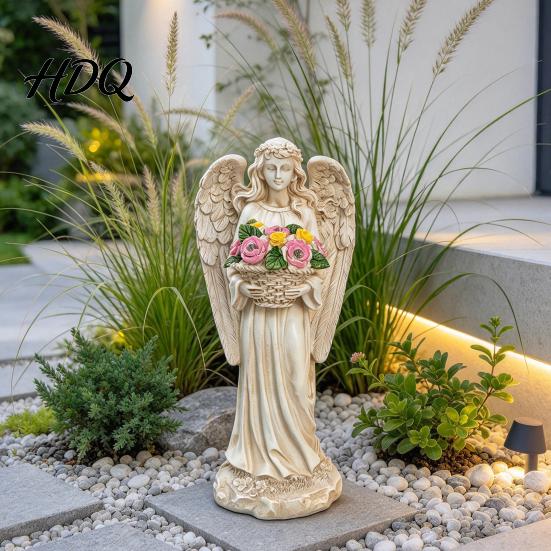Automatic Night Light for Patio Retro Solar Angel Statue Resin Garden Light Decorative Memorial Sculpture with Flower Basket Outdoor Yard