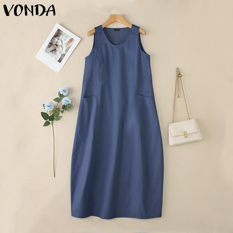 

VONDA Women Sleeveless Round Neck Pockets Casual Long Dress S