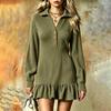 Women's Ribbed Knit Long Sleeve Ruffle Hem Dress with Button Collar and Ruffle Sleeves