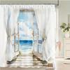 Watercolor Open Window Ocean View Shower Curtain – Blue Sky, Clouds & Sea, Wooden Deck Design, 12 Hooks, 70.87×70.87 Inch