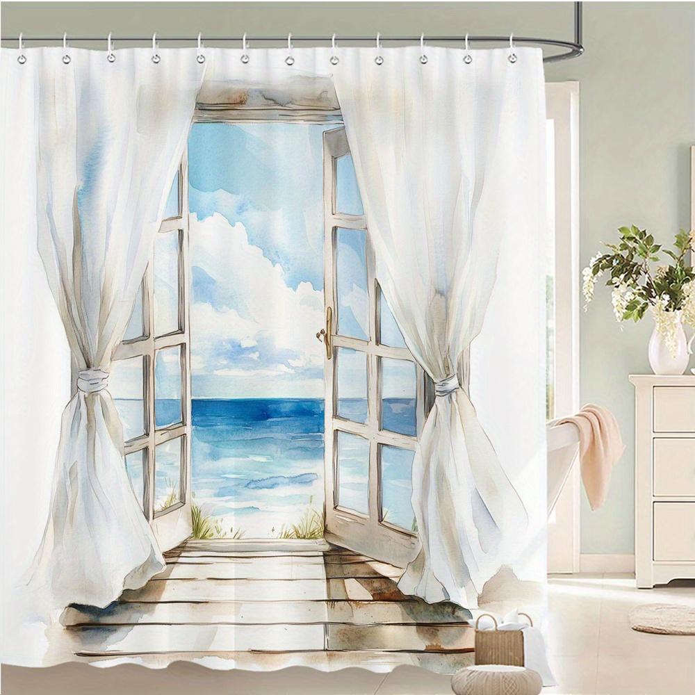 

Watercolor Open Window Ocean View Shower Curtain – Blue Sky, Clouds & Sea, Wooden Deck Design, 12 Hooks, 70.87×70.87 Inch W60H190(CM)-1 Pcs